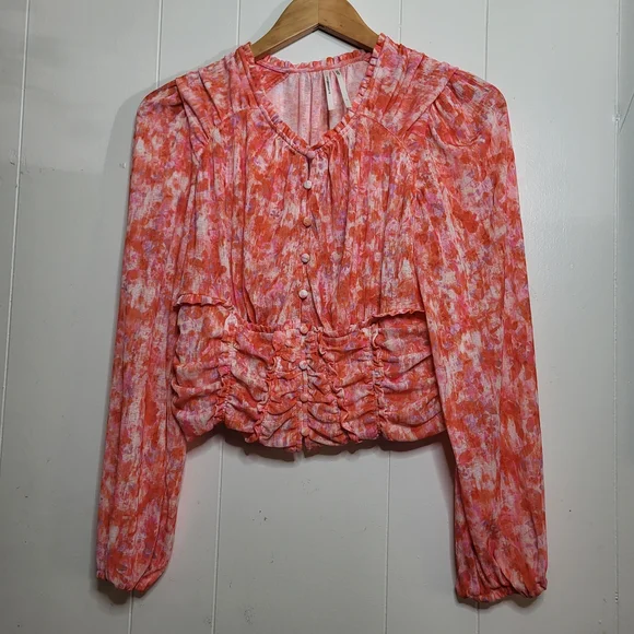 Anthropologie Pink and Orange Abstract Button-Front Blouse - Picture 9 of 12